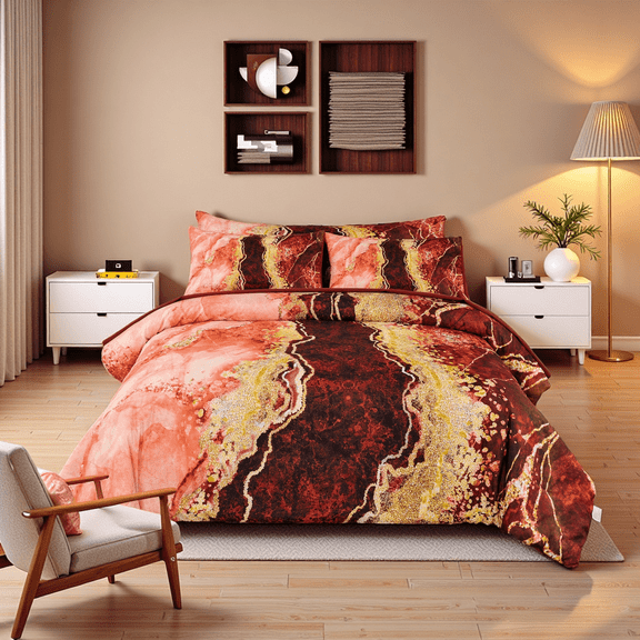 PERFEMET Bed in a Bag Burnt Orange Full Size 6-Piece Watercolor Marble Pattern Bedding Set Ultra Soft Bed Set with Sheets for All Season(Orange,Full)