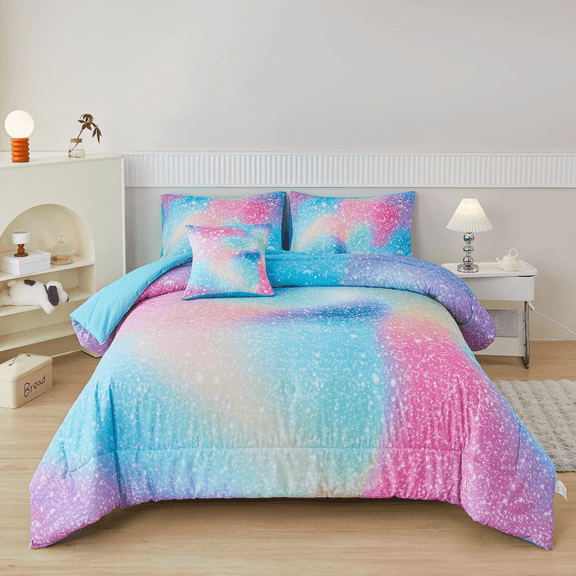 PERFEMET Kids Queen Comforter Set Girls,6-Piece Colorful Rainbow Bedding Set,All-Season Galaxy Star Bed Set with Sheets for Queen Beds