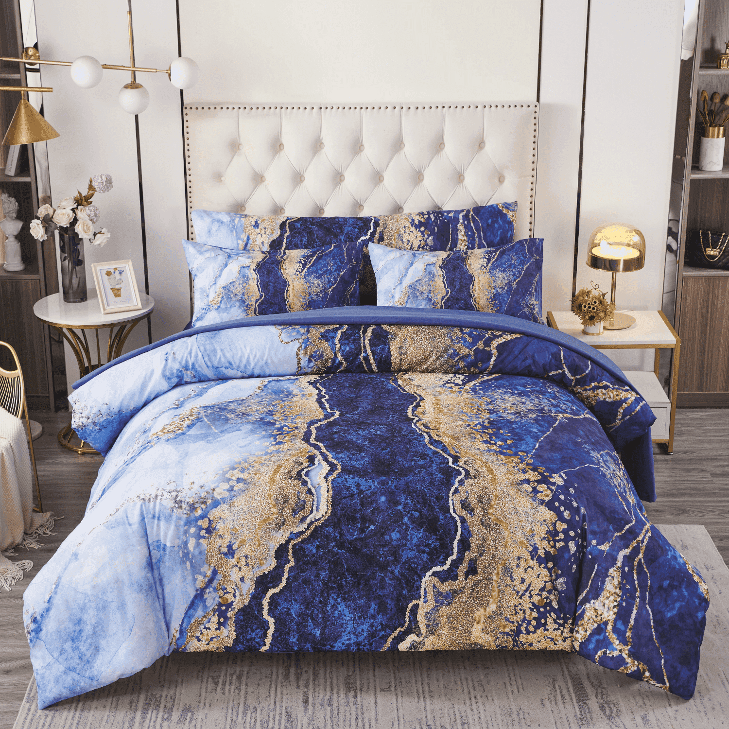 PERFEMET 6-Piece Light Blue King Size Comforter Set,Watercolor Marble Printed Bed in a Bag Set,Retro Artwork Style Bedding Set for Women Men