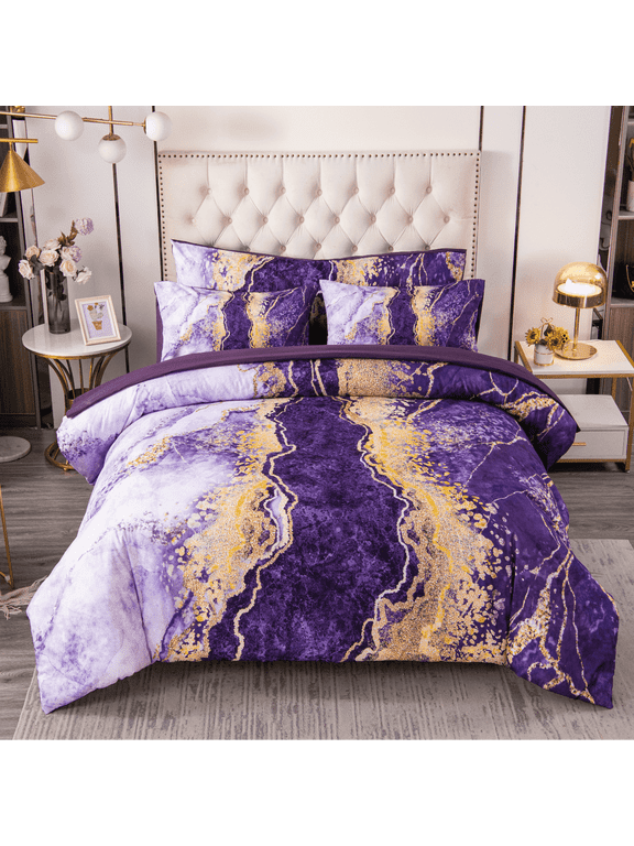 6 Pcs Queen Size Comforter Sets Purple Watercolor Marble Bedding Luxury Retro Style Bed in a Bag Bed Set with Sheets for All Season