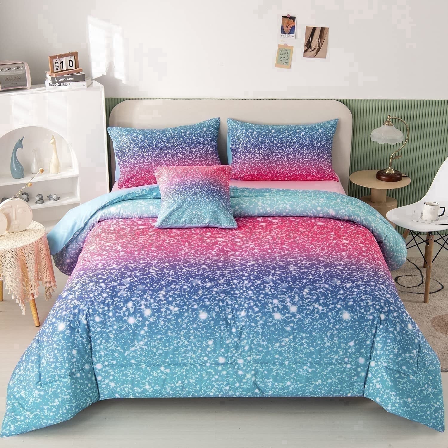 PERFEMET 6Pcs Pink Girls Queen Size Bedding Set Colorful Blue Pink Galaxy Star Kids Comfoter Set Ultra Soft Bed Set for All Season