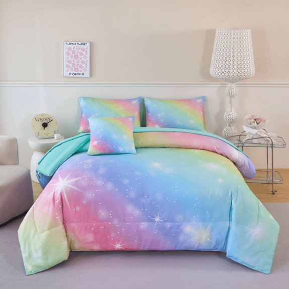 PERFEMET 6 Pieces Pink Girls Twin Comforter Set Colorful Rainbow Galaxy Kids Bedding Set Gradient Glitter Star Bed in a Bag for Twin Beds
