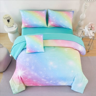 PERFEMET 6Pcs Girls Comforter Set Twin Size Purple Bed in a Bag Bedding Set Rainbow Star Glitter Gradient Bed Comforter Set with Sheets Set 100% Soft Microfiber Quilt Set (Rainbow-Star, Twin)