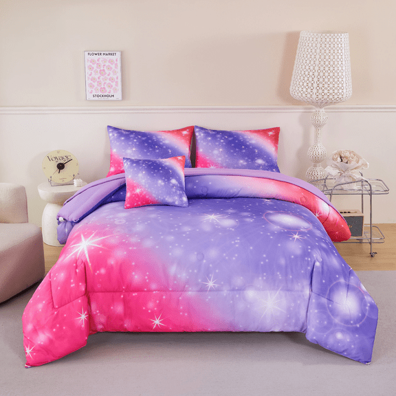 PERFEMET 6 Pcs Purple Girls Twin Size Comforter Set Gradient Galaxy Bed in a Bag Kid Bedding Set with Sheets for All Season(Purple,Twin)