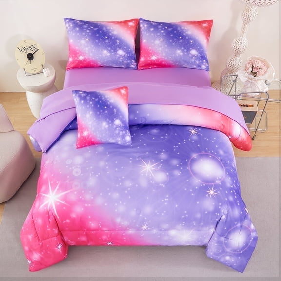 PERFEMET 6-Piece Twin Comforter Set for Girls Kids Teens,Gradient Purple Pink Star Bedding,Durable Microfiber Bed Set for Bedroom