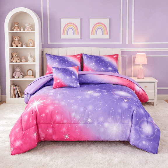 PERFEMET 6 Pcs Purple Girls Twin Size Comforter Set Gradient Galaxy Bed in a Bag Kid Bedding Set with Sheets for All Season(Purple,Twin)