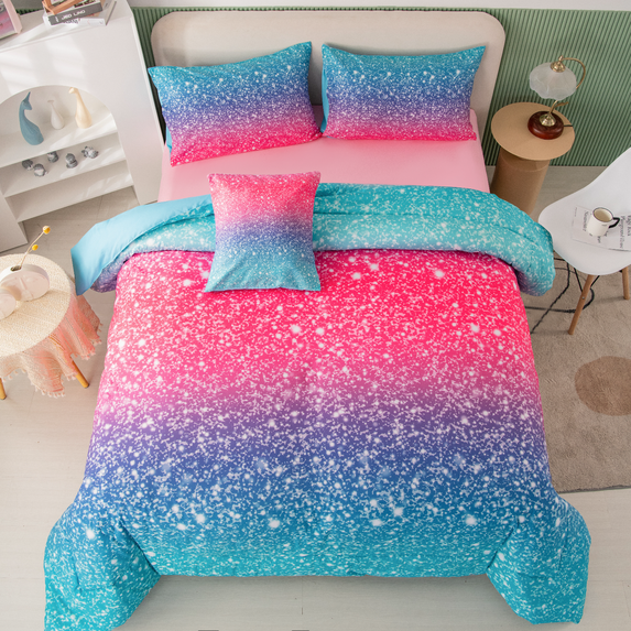PERFEMET Pink Blue Ombre Glitter Galaxy Comforter Set 6 Pieces Twin Tie Dye Rainbow Bed in a Bag Bedding for Girls Kids Teens