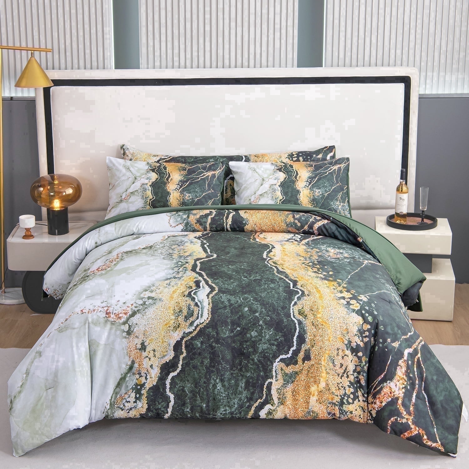 PERFEMET Comforter Set Queen Size 6 Pieces Colorful Abstract Artwork Marble Bedding Set Dark Green Bed in a Bag Queen Complete Set