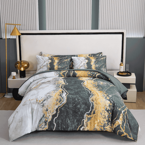 PERFEMET Queen Size Comforter Set 6Pcs Dark Green Marble Comforter Bedding Set Lightweight Retro Artwork Bed in a Bag for All Season
