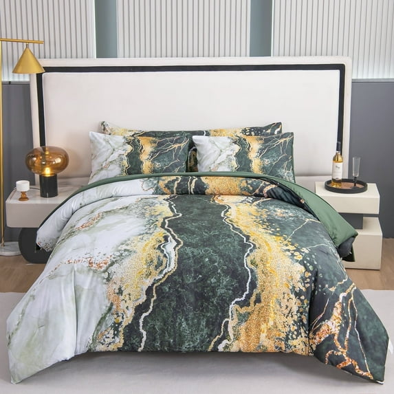 PERFEMET 6Pcs Queen Size Green Comforter Set Retro Style Aesthetic Marble Bed in a Bag Bed Comforter Set with Pillowcases Ultra Durable Lightweight Microfiber Bedding (Dark Green, Queen)