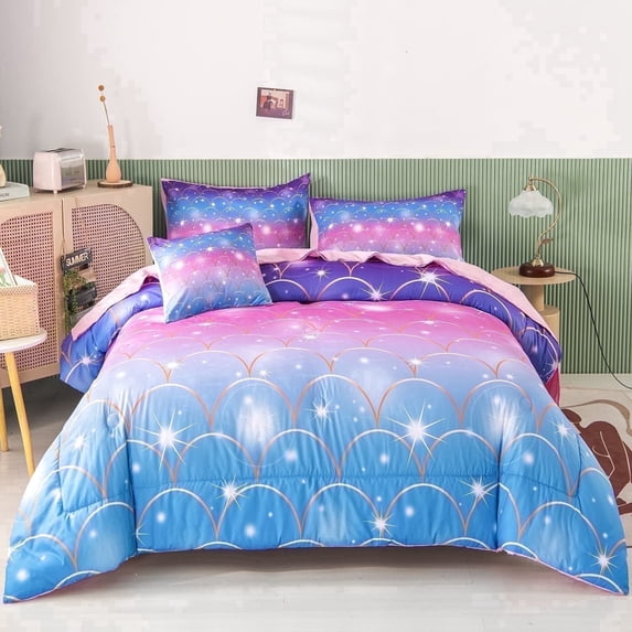 PERFEMET Mermaid Queen Size Bedding Comforter Set for Girls 6-Piece 3D Mermaid Scale Glitter Kids/Teens Bedding Set(Blue Pink,Queen)