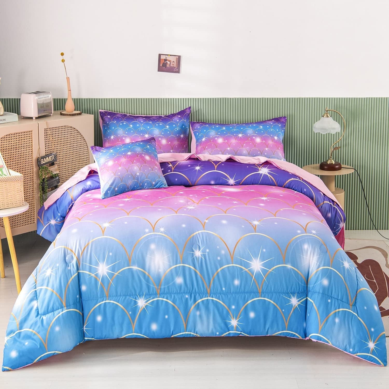 PERFEMET 6Pcs Teal Pink Mermaid Scale Comforter Sets Twin Size, 3D Rainbow Glitter Girls Bedding Sets, Fish Scale Bedding Collection Sets