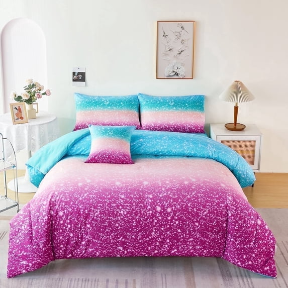 PERFEMET 6Pcs Queen Size Bed in a Bag Girls Bedding, Turquoise Pink Gradient Glitter Star Bed Set, Soft Microfiber Comforter Set with Sheets