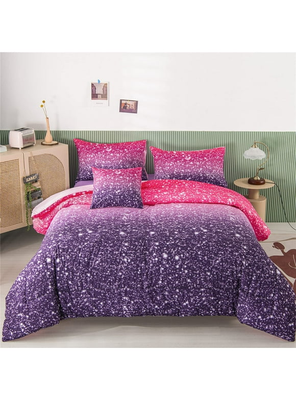 PERFEMET 6Pcs Twin Gradient Pink Purple Glitter Comforter Sets for Teens Girls Kids, Colorful Rainbow Glitter Themed Bedding Set
