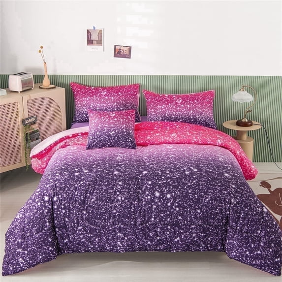 PERFEMET 6 Pieces Twin Girl Bedding Comforter Set Gradient Purple Pink Galaxy Bed in a Bag Ultra Soft Bed Set for Kids Teens(Purple,Twin)