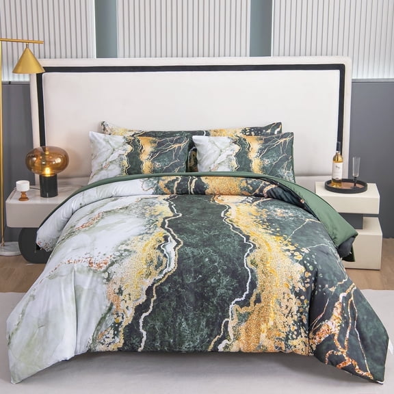 ZXJMHJ Dark Green Marble Comforter Set Full Size, 6-Piece Watercolor Gold Marble Bed in a Bag, All-Season Soft Bedding Collection for Bedroom Decor