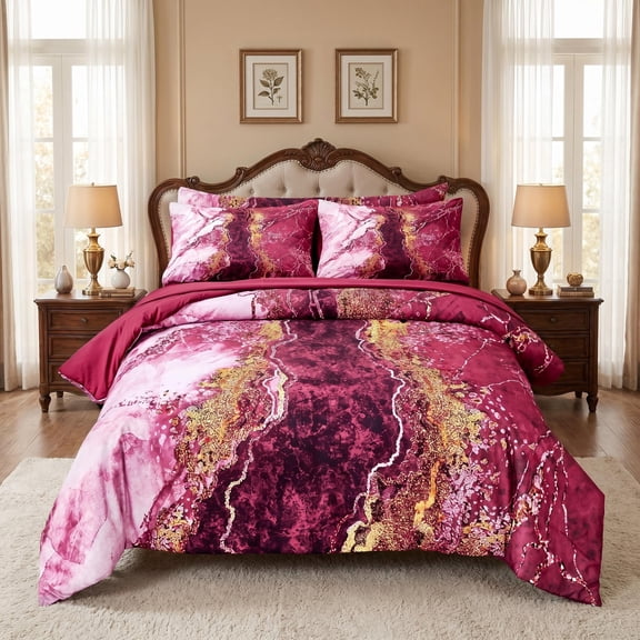 PERFEMET Burgundy Red Queen Comforter Sets 6-Piece Watercolor Marble Bedding Set Retro Artwork Style Bed in a Bag Soft All-Season Bedding for Adult Women (Burgundy Red,Queen)