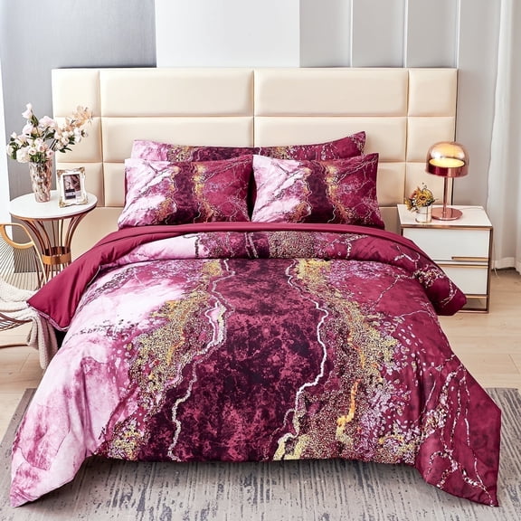 PERFEMET Queen Size Comforter Set Burgundy Red, 6-Piece Bed in a Bag Retro Artwork Style Bed Set, Soft All-Season Bedding for Adult