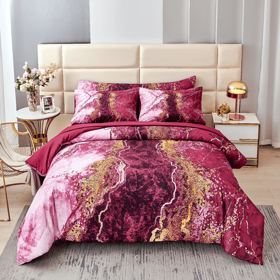 ZXJMHJ Queen Size Comforter Set Burgundy Red, 6-Piece Bed in a Bag Retro Artwork Style Bed Set, Soft All-Season Bedding for Adult