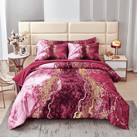 PERFEMET Burgundy Red Queen Comforter Sets 6 Pcs Watercolor Marble Bedding Set Retro Artwork Style Bed in a Bag for Adults Women(Burgundy Red,Queen)