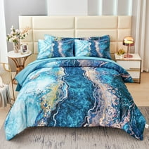 PERFEMET Bed in a Bag Comforter Set Teal Blue King Size Bedding Set 6 Pcs Watercolor Marble Artwork Style Quilt Set 100% Microfiber Lightweight Soft Bedding (Teal,King)