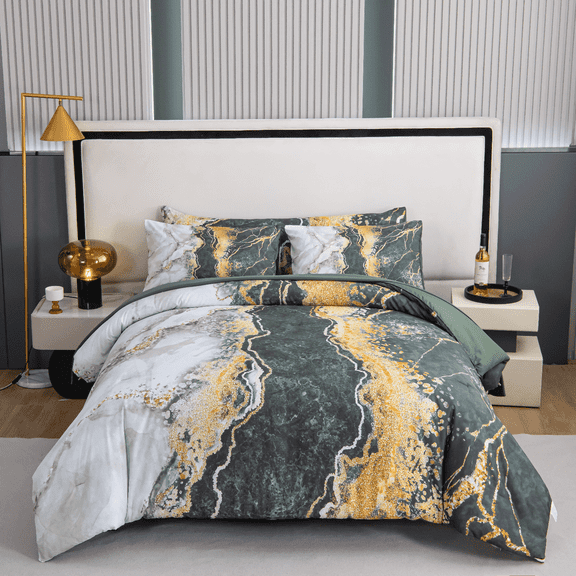 ZXJMHJ 6-Piece King Size Comforter Set,Dark Green Marble Bed in a Bag with Sheets for Men Women,All-Season Soft Bedding Collection for King Beds