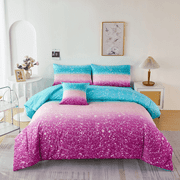 PERFEMET Teal Pink Girls Full Comforter Set 6PCS Gradient Pink Glitter Star Kids/Teens Bedding Set Ultra Soft Bed in a Bag with Bed Sheets