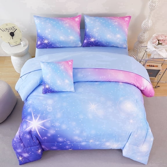 PERFEMET Full Comforter Set for Girls 6 PCS Gradient Blue Pink Kids/Teens Colorful Bedding Set for a Full Bed,Dreamy Sparkling Stars Bed Set with Sheets