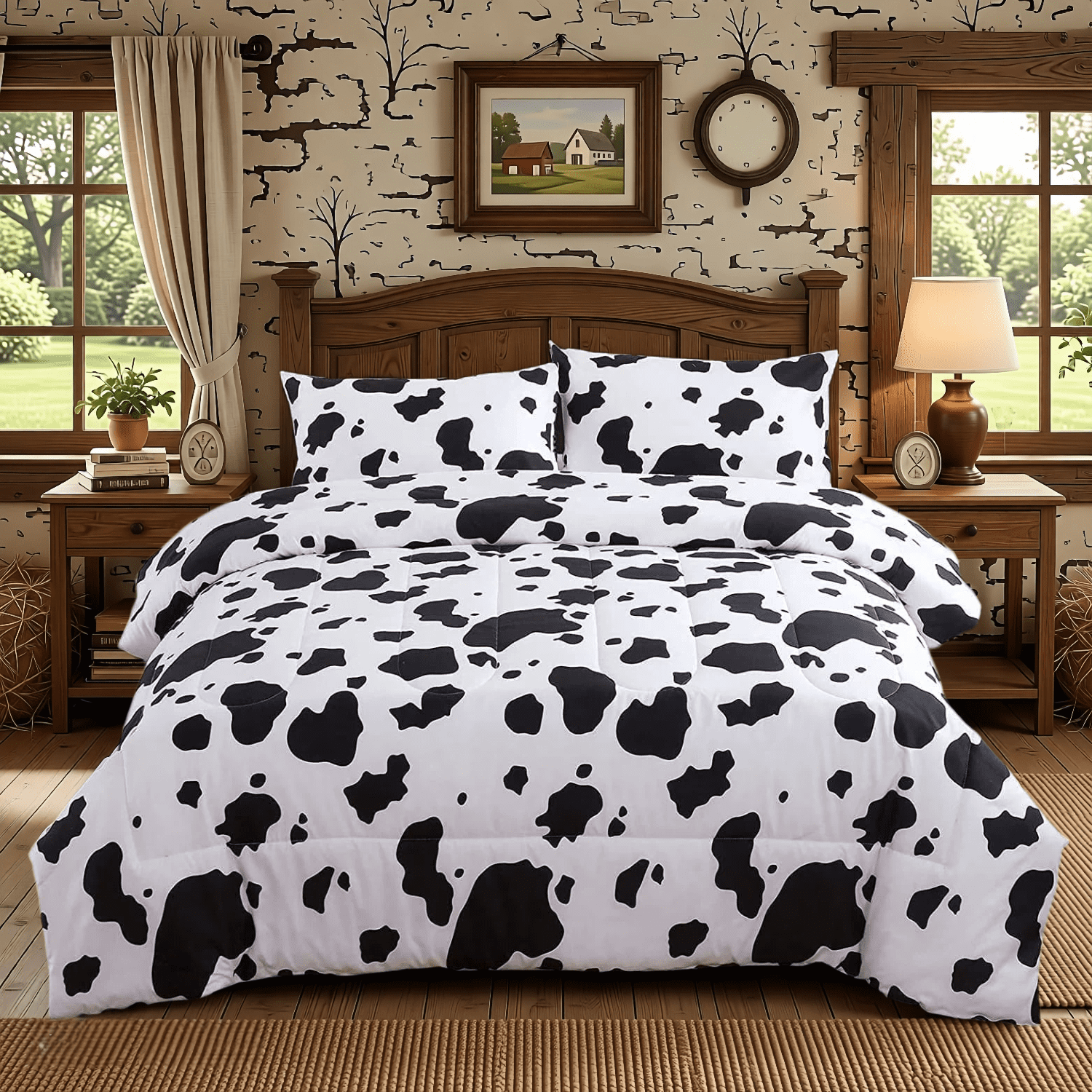 PERFEMET Kid Queen Comforter Set 3-Piece,Black White Cow Print Bedding Set for Girls Boys,Western Farmhouse Kids Comforter Set for All Season (1 Comforter,2 Pillowcases)