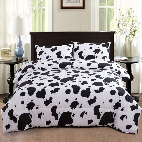 PERFEMET Twin Size Comforter Set for Boys Girls,3-Piece Reversible Kids Bedding Set - Cow Print & Black White Checkered