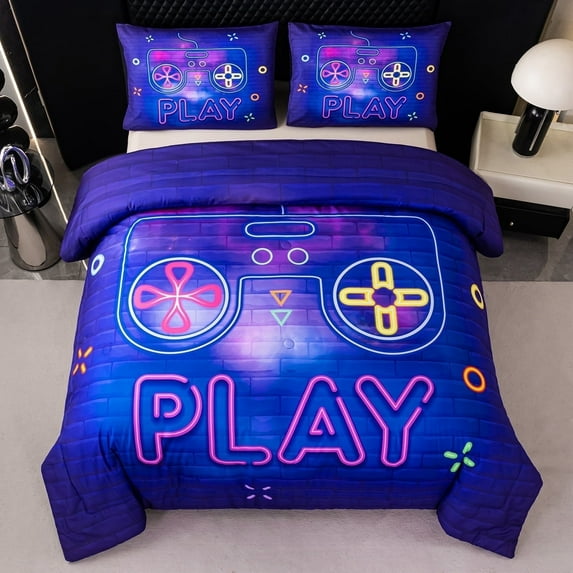 PERFEMET Blue Purple Gamepad Comforter Set for Girls Boys Game Comsole Bedding Set for Teens Kids Gamer Room Decor 100% Lightweight Soft Microfiber Quilt Set (Blue, Queen)