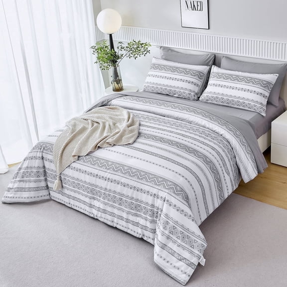 PERFEMET Boho Aztec Comforter Set Queen Size,7 Pieces Grey Bohemian Bedding Set Geometric Stripe Bedding Comforter,Soft Microfiber Bed Set for Bedroom Decor