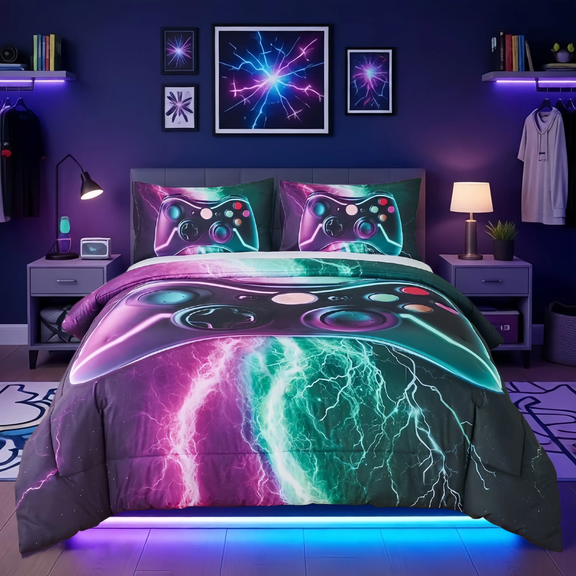 PERFEMET Twin Size Gaming Comforter Set for Boys,3-Piece 3D Green Purple Lightning Game Controller Bedding Set for Kids Teens