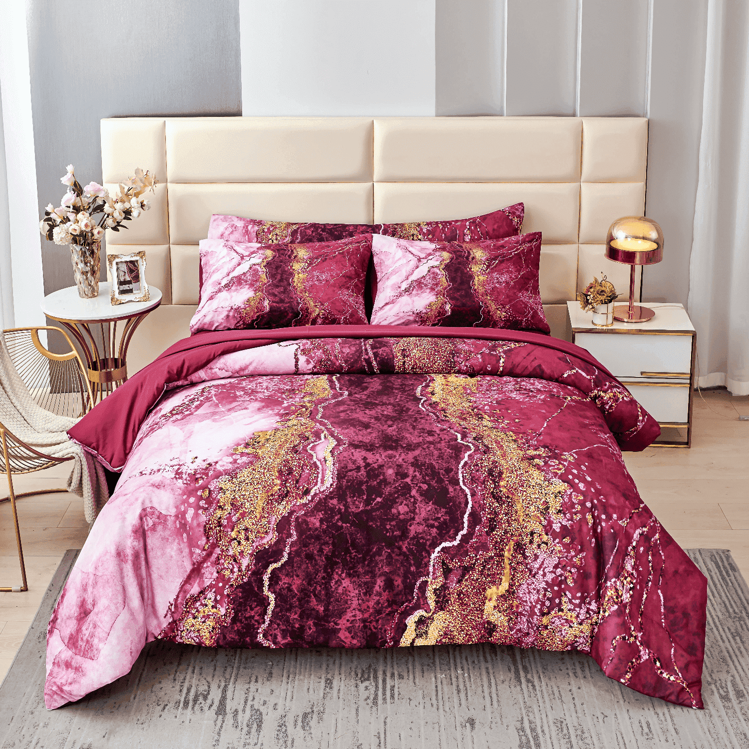 PERFEMET Burgundy Full Size Comforter Set for Women Men 6-Piece Marble Bed in a Bag Bedding Comforter Set for All Season
