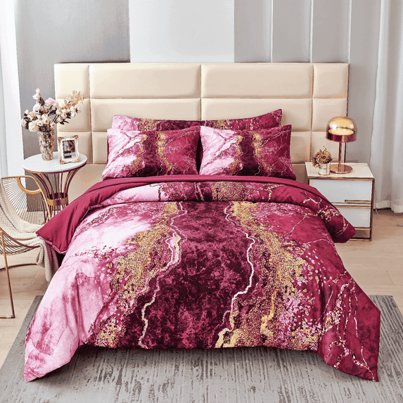 PERFEMET Burgundy Red Full Size Comforter Set for Women Men 6-Piece Marble Bed in a Bag Bedding Comforter Set for All Season