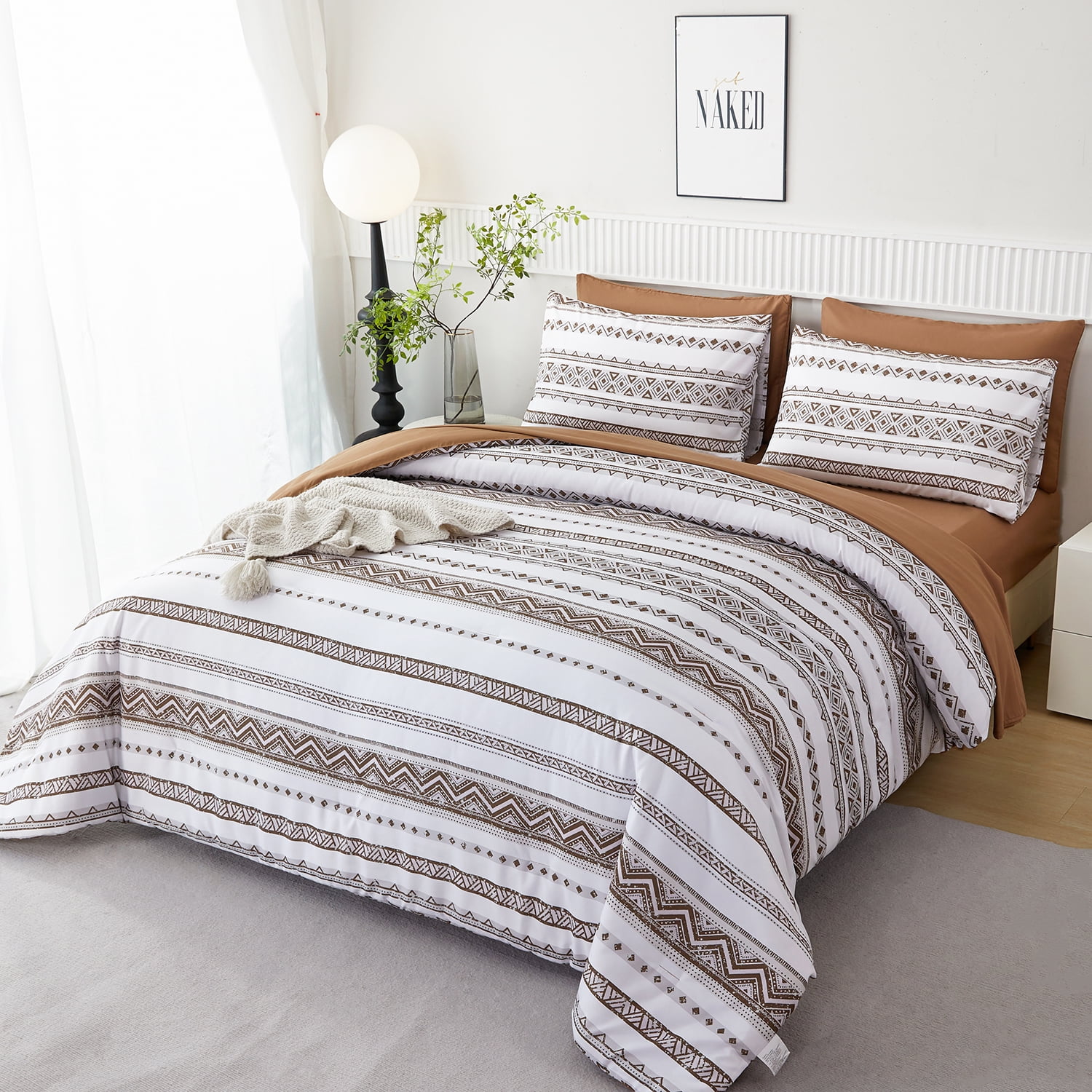 PERFEMET Coffee Bed in a Bag Comforter Set Full Size 7Pcs Boho Geometric Striped Bedding SetAll