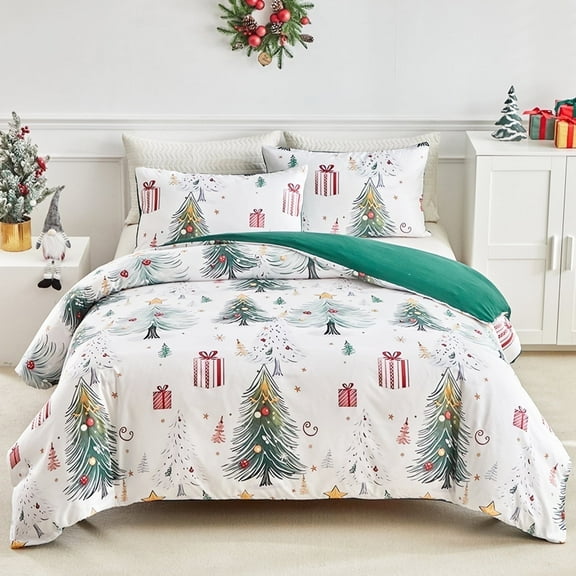 PERFEMET Green Christmas Tree Full Size Comforter Set 3Pcs White Winter Xmas Bedding Set for Kids Girls Boys Christmas Theme Gift Bed Set for Xmas Home Decor