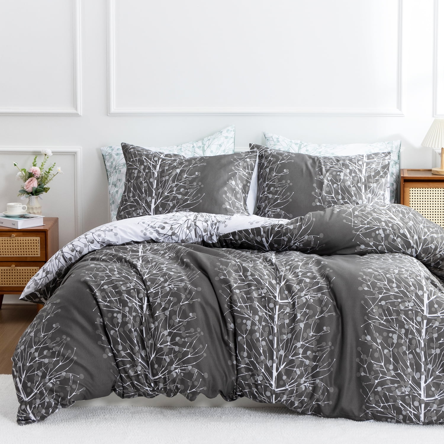 PERFEMET Floral Boho Bedding Set 3 Pcs Dark Grey Floral Comforter Set
