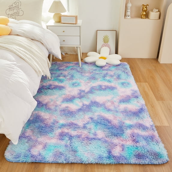 PERFEMET Fluffy Fuzzy Shag Room Area Rug 4x6 Tie Dye Teal Carpets for Room Floor Thick Plush Room Area Rug Fluffy Mat Kids Room Rug(4'x6', Teal Purple)