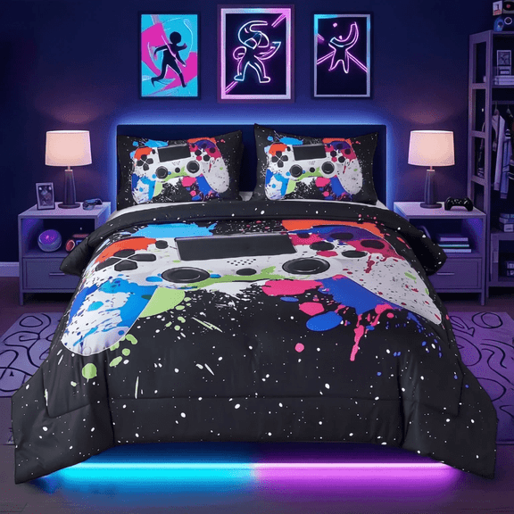 PERFEMET Kids Gaming Controller Comforter Set 3-Piece Colorful Splatter Game Bedding Sets for All Season,Full