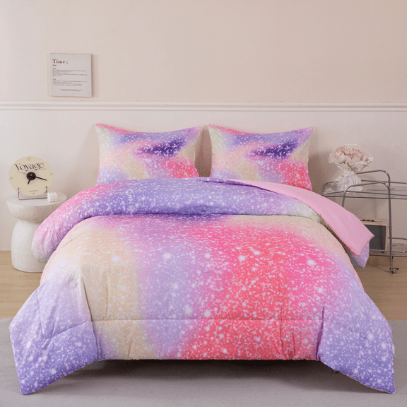 PERFEMET Rainbow Full Size Comforter Set for Girls 3 PCS Tie Dye Gradient Light Purple Pink Galaxy Bedding Set for Kids Teens