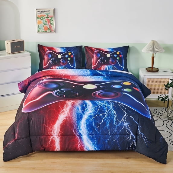 PERFEMET 3-Piece Gaming Comforter Set for Boys,3D Red Blue Lightning Game Controller Kids/Teens Bedding,Full