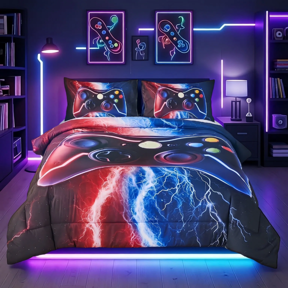 PERFEMET Boys Gaming Comforter Set 3-Piece 3D Red Blue Lightning Game Controller Kids Teens Bedding,Full