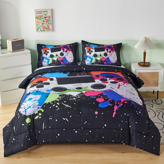 PERFEMET 3-Piece Video Gaming Comforter Set for Boys,3D Game Controller Colorful Splatter Design Bedding for Kids/Teens,Twin