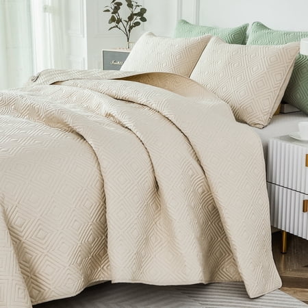 PERFEMET Beige Queen Size Quilt Bedding Sets 3Pieces - Textured Design, Soft Microfiber Bedspread with Shams, Lightweight & Breathable for All Season