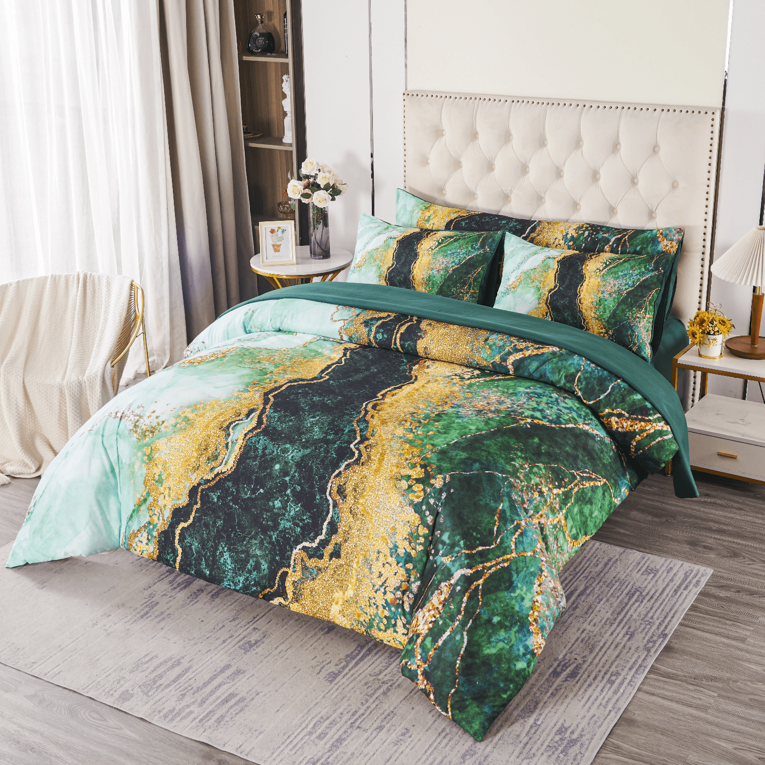 PERFEMET Full  Comforter Set-6 Pieces Green Marble Comforter Bedding Set Bed in a Bag with Sheets Pillow Cover for All Season(Green,Full)