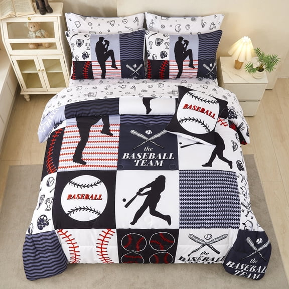 PERFEMET Black Baseball Twin Comforter Set for Boys 6 Pieces Sport Themed Kids Bedding Set Patchwork Ball Print Bed in a Bag with Sheets(Black,Twin)