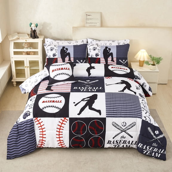 PERFEMET Black Baseball Twin Comforter Set for Boys 6 Pieces Sport Themed Kids Bedding Set Patchwork Ball Print Bed in a Bag with Sheets(Black,Twin)