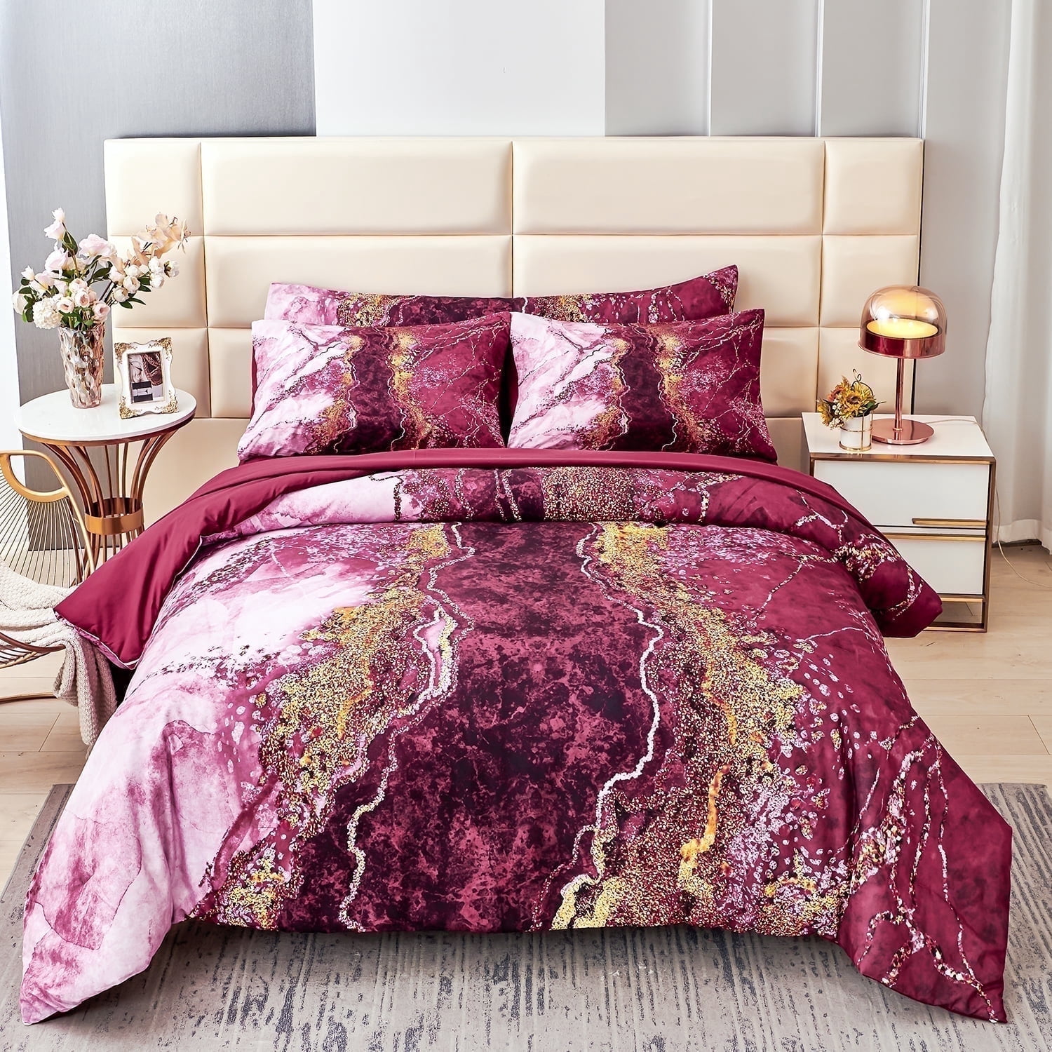 Set Biancheria Da Letto PERFEMET 6 Pezzi - Motivo Marmo Colorato - Blu