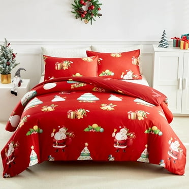 PERFEMET Merry Christmas Comforter Set 3Pcs Twin Size Red Santa Claus Elk Bedding Set for Boys Girls Xmas Tree Bell Bed Set for Christmas Decor 100% Soft Microfiber Quilt Set (Santa Claus, Twin)